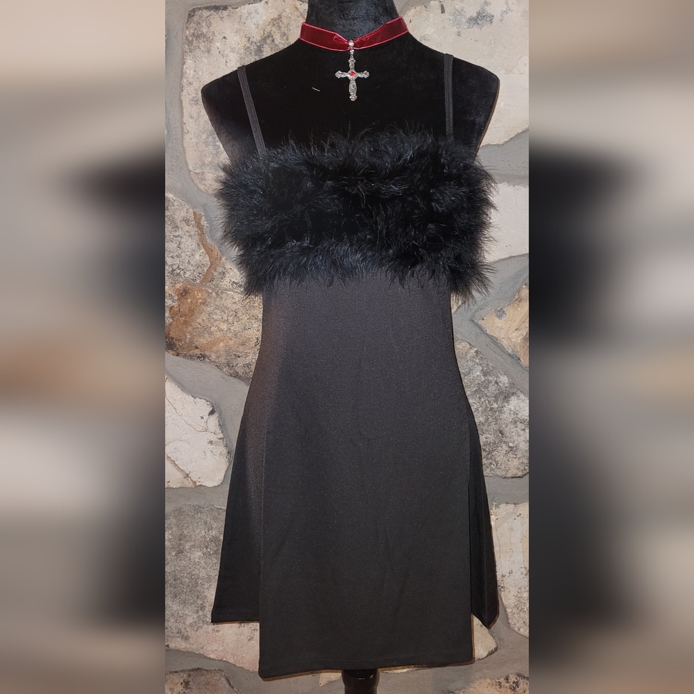 Dolls Kill Sugar Thrillz Black Faux Fur Trim Midi Dress